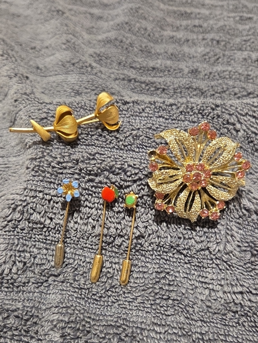 Gold-Tone Floral Brooch with Pink Crystals and Colorful Stick Pins